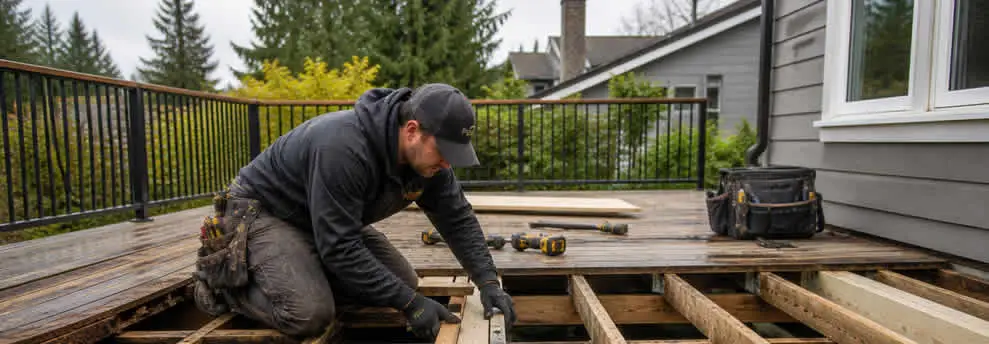 Deck builders in Port Coquitlam repairing damaged residential deck structure