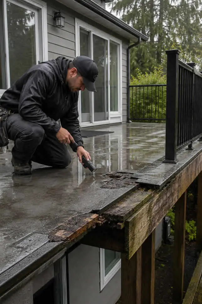 Deck builder inspecting moisture damage, rot, cracked membrane, and structural problems on a Port Moody deck