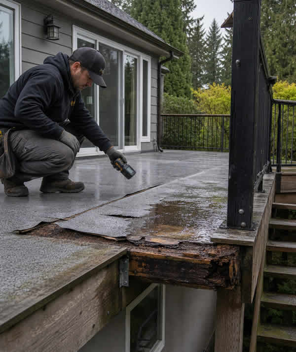 Deck builder inspecting signs of moisture damage and deterioration on a residential deck in Port Coquitlam